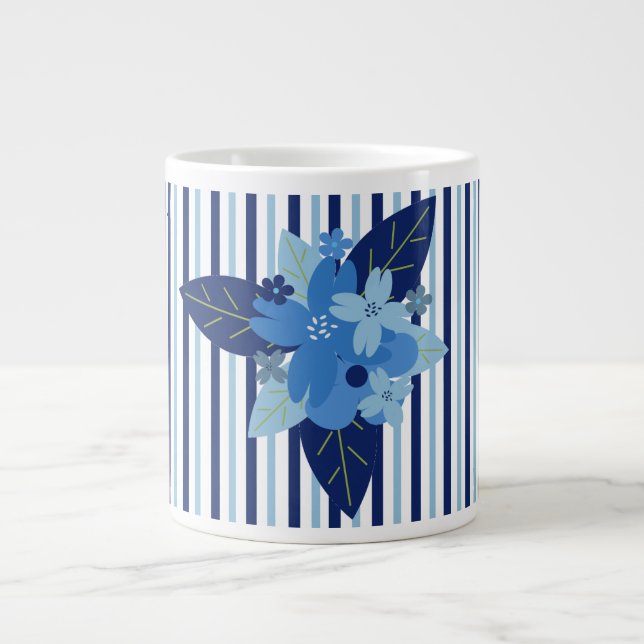 Elegant floral stripes monochromatic blue large coffee mug (Front)