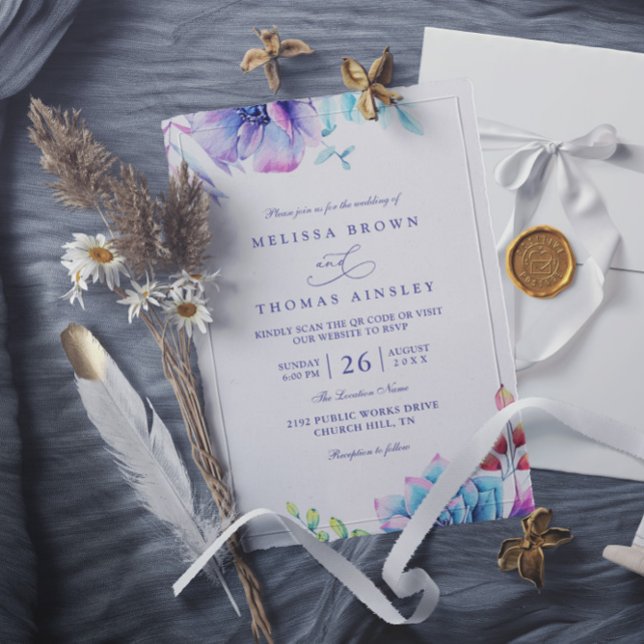 Elegant Floral Succulent Sunset QR Code Wedding Invitation (Creator Uploaded)