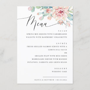 Elegant Floral Succulent Wedding. Botanical Dinner Menu