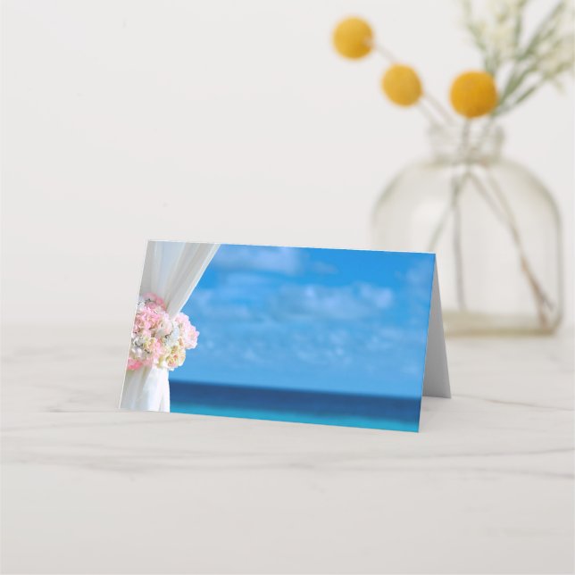 Elegant Floral Summer Ocean Beach Wedding Place Card (Front)