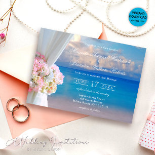 Elegant Floral Summer Sunset Ocean Beach Wedding Invitation