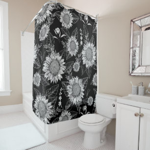 Elegant Floral Sunflower Black White Shower Curtain