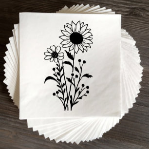 Elegant Floral Sunflower Black White Wedding Napkin