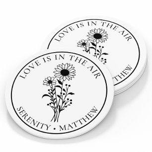 Elegant Floral Sunflower Black White Wedding Round Paper Coaster