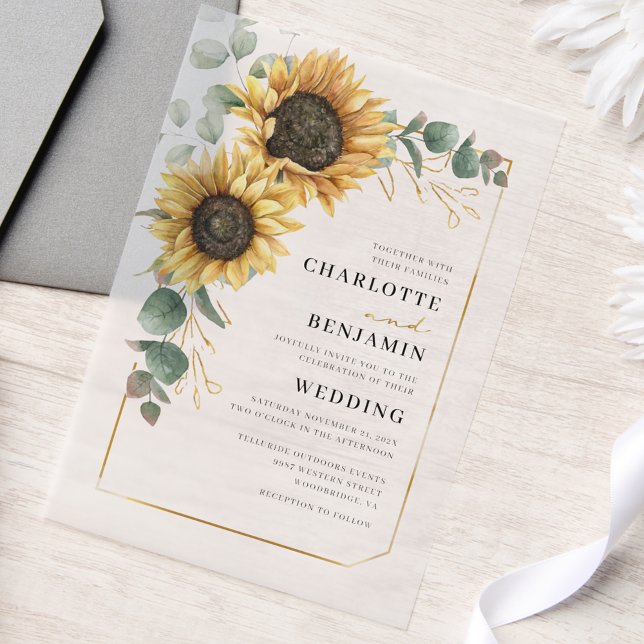 Elegant Floral Sunflower Eucalyptus Wedding Vellum Invitations (Floral Watercolor Sunflower Eucalyptus Greenery Wedding Vellum Invitation)