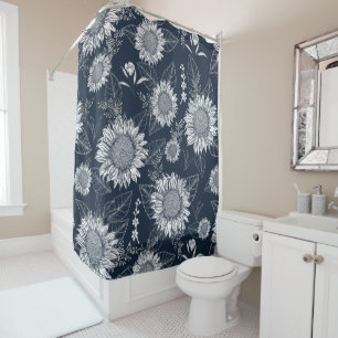 Elegant Floral Sunflower Navy Blue Shower Curtain