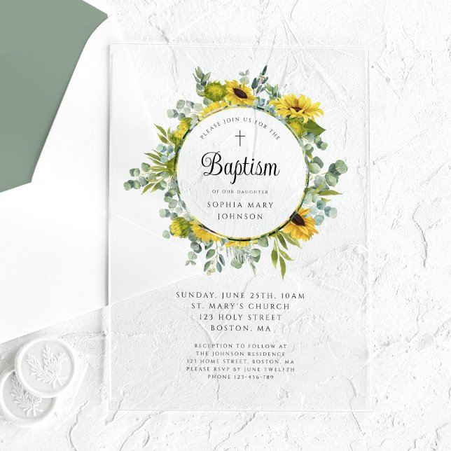Elegant Floral Sunflower Wreath Girl Baptism Acrylic Invitations (Elegant Floral Sunflower Wreath Girl Baptism Acrylic Invitations)