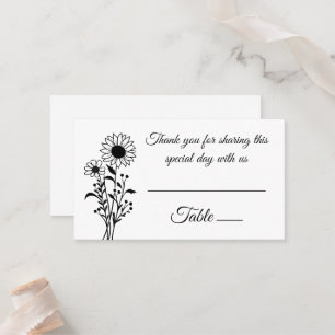 Elegant Floral Sunflowers Black White Wedding  Place Card
