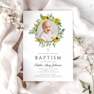 Elegant Floral Sunflowers Girl Photo Baptism Invitation