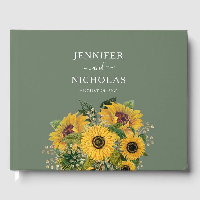 Elegant Floral Sunflowers Green Wedding Guest Book (Front)