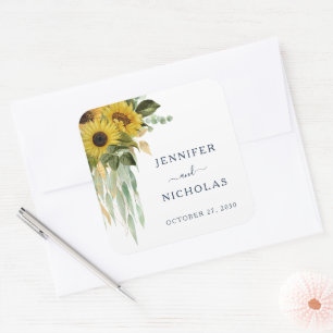 Elegant Floral Sunflowers Navy Blue Wedding Square Sticker
