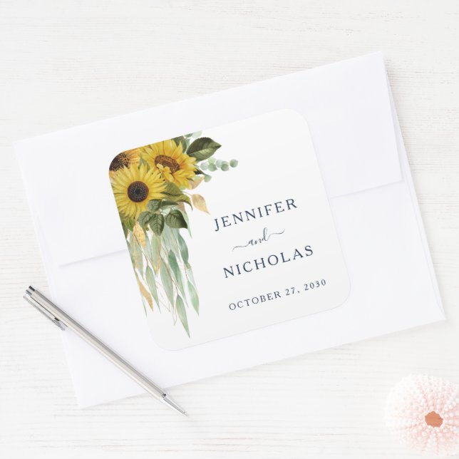 Elegant Floral Sunflowers Navy Blue Wedding Square Sticker (Envelope)