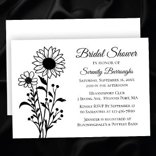 Elegant Floral Sunflowes Black White Bridal Shower Invitation