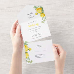 Elegant Floral Sunny Yellow Roses Wedding All In O One Invitation