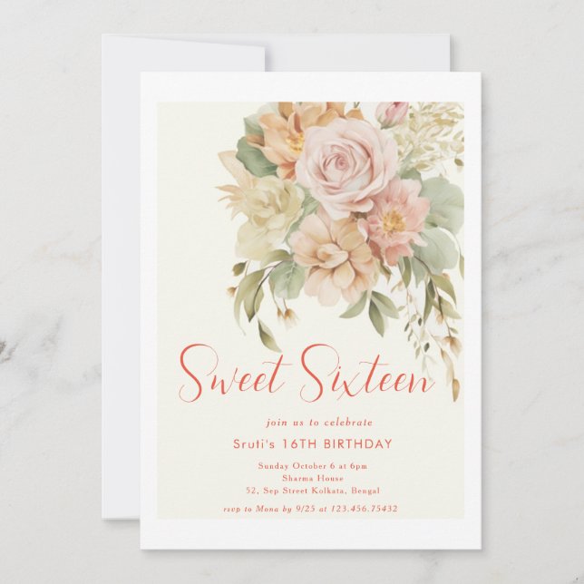 Elegant Floral Sweet 16 Birthday Invitation Card  (Front)
