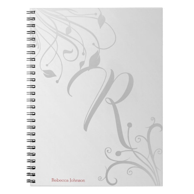Elegant Floral Swirl Pattern Monogram Name Notebook (Front)
