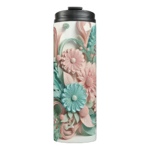 Elegant Floral Symphony: 3D Pastel Pink  Sea Green Thermal Tumbler