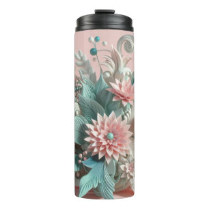 Elegant Floral Symphony: 3D Pastel Pink  Sea Green Thermal Tumbler