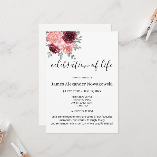 Elegant Floral Tasteful Life Celebration Funeral Invitation (Front/Back In Situ)