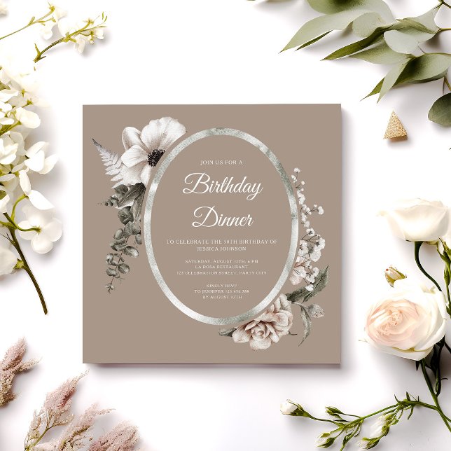 Elegant Floral Taupe Beige Birthday Dinner Party Invitation (Elegant Floral Taupe Beige Birthday Dinner Party Invitation)