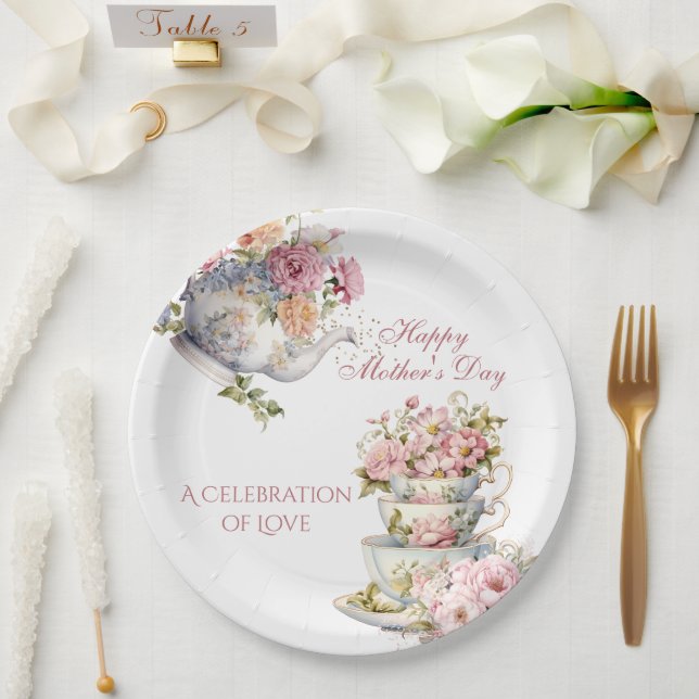 Elegant Floral Tea Party Happy Mother's Day Paper Plate (Wedding)