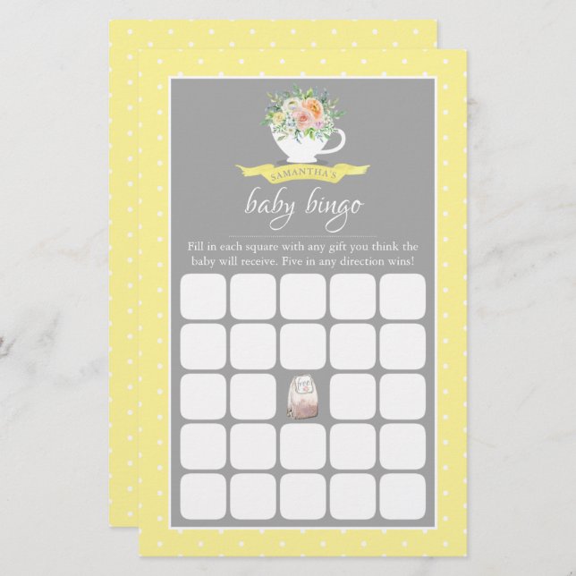 Elegant Floral Teacup Baby Shower Tea Party Bingo (Front/Back)