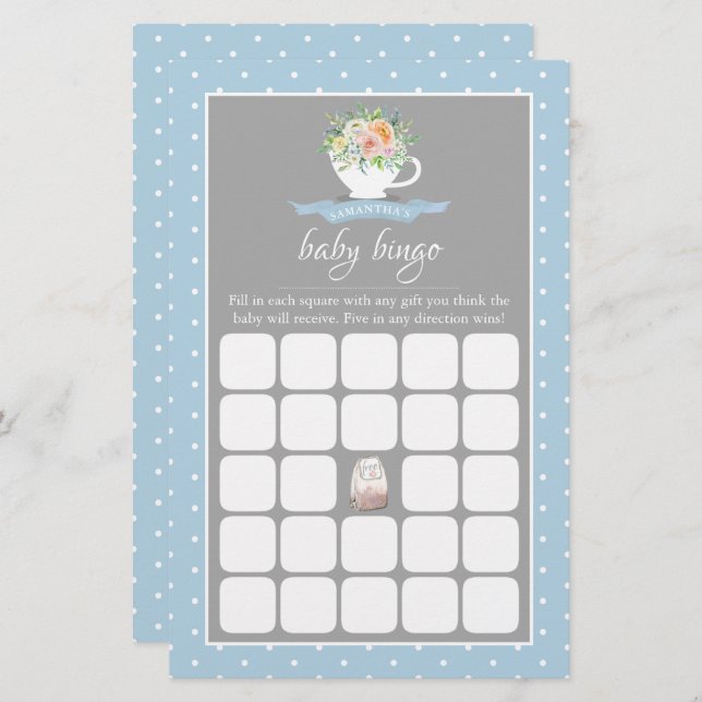 Elegant Floral Teacup Baby Shower Tea Party Bingo (Front/Back)