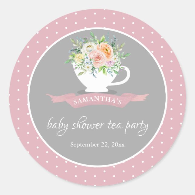 Elegant Floral Teacup Baby Shower Tea Party Classic Round Sticker (Front)