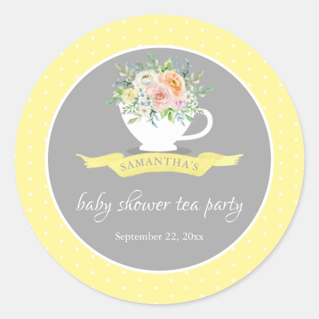 Elegant Floral Teacup Baby Shower Tea Party Classic Round Sticker (Front)