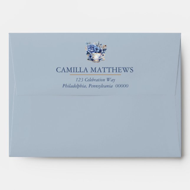 Elegant Floral Teacup Blue Return Address Envelope (Back (Top Flap))