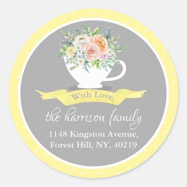 Elegant Floral Teacup Return Address Classic Round Sticker (Front)