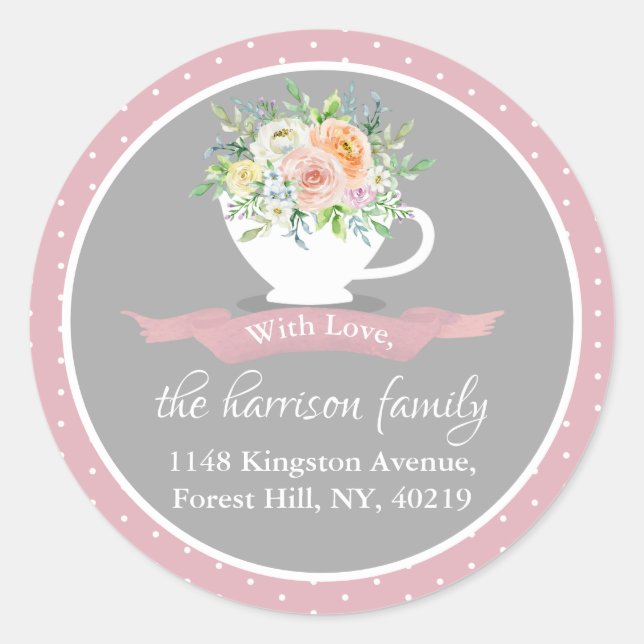 Elegant Floral Teacup Return Address Classic Round Sticker (Front)