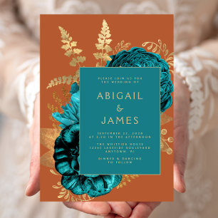 Elegant Floral Teal Blue Rust Gold Wedding Invitation