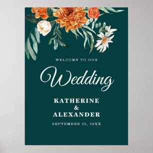 Elegant Floral Teal Burnt Orange Welcome Wedding  Poster