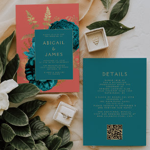 Elegant Floral Teal Gold Coral QR Code Wedding Invitation