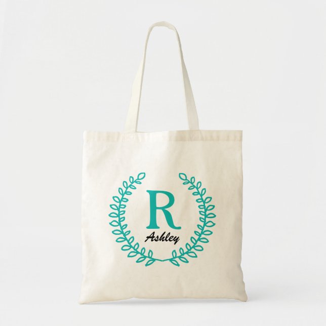 Elegant Floral Teal Monogram Tote Bag (Front)
