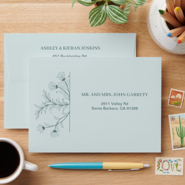 Elegant Floral Teal Wedding Envelope (Desk)