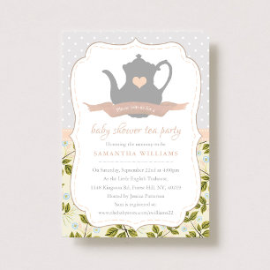 Elegant Floral Teapot Baby Shower Tea Party Invitation