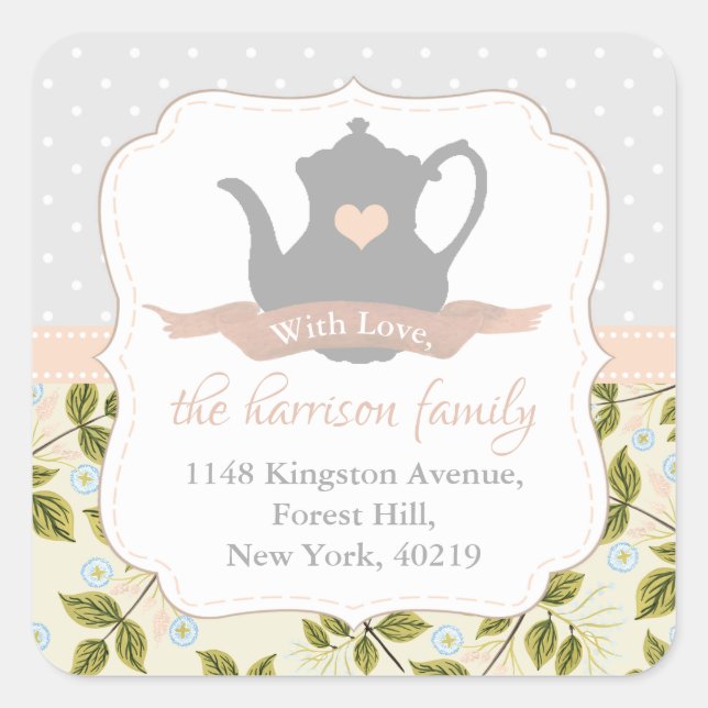 Elegant Floral Teapot Return Address Square Sticker (Front)