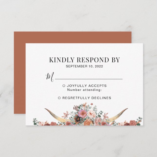 Elegant Floral Terracotta Skull Wedding RSVP Card (Front/Back)