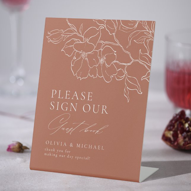 Elegant floral terracotta Wedding Guest Book Pedestal Sign (Elegant floral terracotta Wedding Guest Book Pedestal Sign)