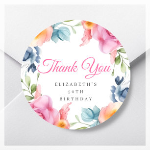 Elegant Floral Thank You Birthday Party  Classic Round Sticker