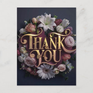 Elegant Floral “Thank You” Gold Lettering Design Postcard