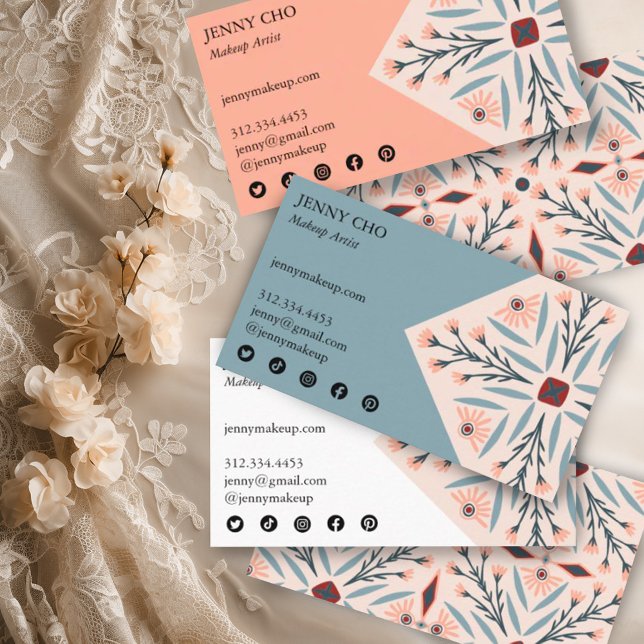Elegant Floral Tiles Geometric Pink Beauty Business Card (Handmade pretty elegant pattern on these custom business cards with social media icons)