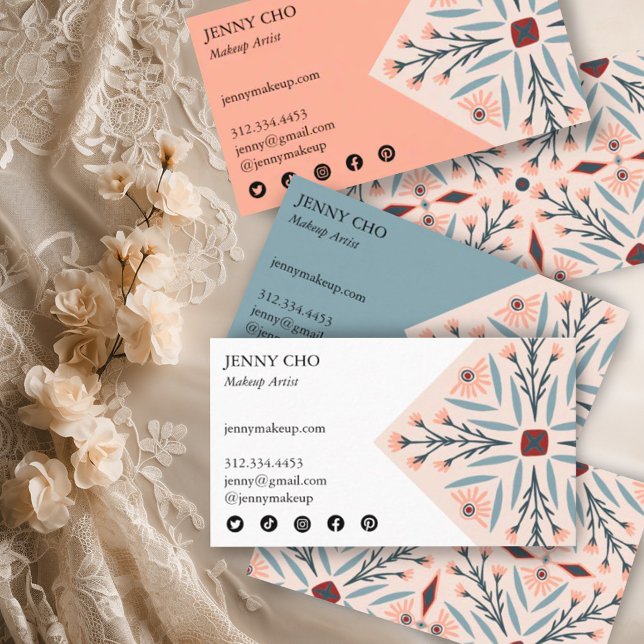 Elegant Floral Tiles Geometric Pink Beauty Business Card (Handmade pretty elegant pattern on these custom business cards with social media icons)