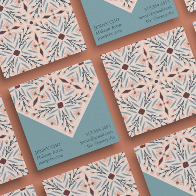 Elegant Floral Tiles Geometric Pink Blue Square Business Card (Creator Uploaded)