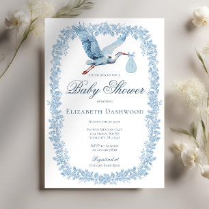 Elegant Floral Toile Frame Blue Stork Baby Shower Invitation