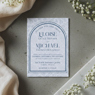 Elegant Floral Toile Script Monogram Blue Wedding Invitation