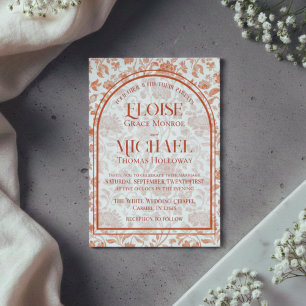 Elegant Floral Toile Script Terracotta Red Wedding Invitation