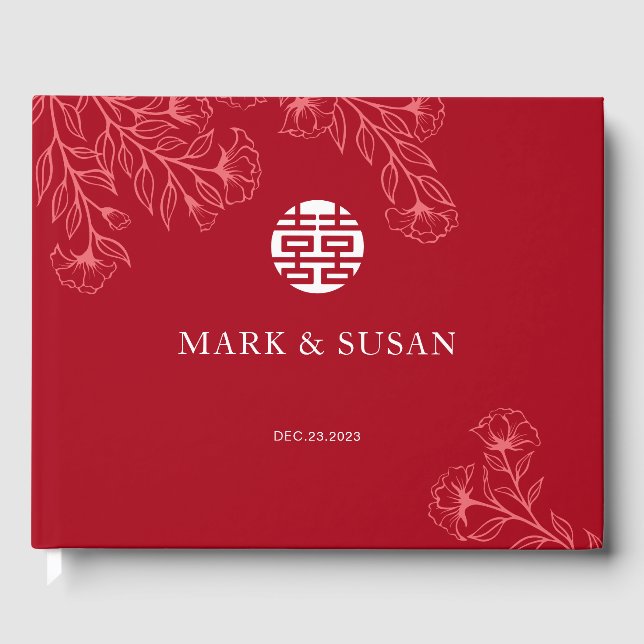 Elegant Floral Traditional Chinese Wedding (RED) Guest Book (Front)